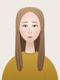 Claire, an illustrated AI teacher. Long straight light-brown hair, fair skin, grey-blue eyes, mustard crewneck sweater.