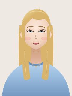 Connie, an illustrated AI teacher. Long blonde hair, blue-grey eyes, soft sky-blue sweater with a fine gold necklace.
