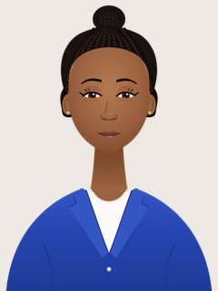 Danielle, an illustrated AI teacher. Box braids gathered into a high bun, warm brown skin, brown eyes, royal-blue blazer over a white top, small gold studs.