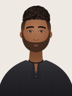 Diego, an illustrated AI teacher. Short dark fade with a curly top, short dark beard, medium-brown skin, brown eyes, black henley.