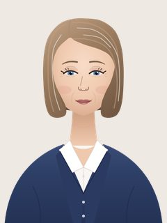 Grace, an illustrated AI teacher. Chin-length light-brown bob with grey streaks, fair skin, blue eyes, navy cardigan over a white collared blouse.