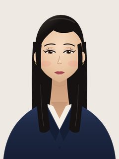 Hana in Look A, an illustrated AI teacher. Long straight black hair, navy blazer over a cream blouse, small gold hoops.