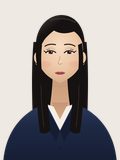 Hana, Look A: long straight black hair, navy blazer over a cream blouse, small gold hoops.