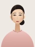 Hana, Look B: dark hair in a low bun, blush-pink knit, small gold hoops.