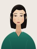 Hana, Look C: shoulder-length black bob, emerald V-neck blouse.