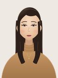 Hana, Look D: long dark-brown hair, camel turtleneck, fine gold necklace.