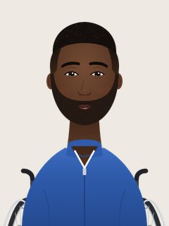 Juma, an illustrated AI teacher. Short coily hair with a clean fade, neat short beard, cobalt quarter-zip; seated in his manual wheelchair, with its back handles and push rims at the bottom of the frame.