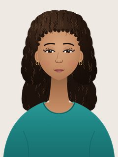 Lucía, an illustrated AI teacher. Big dark curly hair to the shoulders, light-brown skin, brown eyes, teal top, small gold hoops.