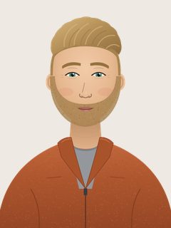 Luke, an illustrated AI teacher. Sandy tousled hair, short sandy beard, blue-green eyes, fair-tan skin, rust-colored fleece jacket over a grey tee.