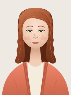 Maggie, an illustrated AI teacher. Shoulder-length auburn hair in soft waves, fair skin with freckles, green eyes, coral cardigan over a cream top.