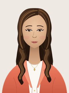 Marisol, an illustrated AI teacher. Long dark-brown hair with caramel highlights in loose waves, light tan skin, brown eyes, coral blazer over a white top, gold pendant.