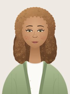 Maya, an illustrated AI teacher. Loose light-brown curls to the shoulders, light-brown skin, freckles, hazel eyes, sage-green cardigan over a white tee.