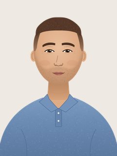 Mike, an illustrated AI teacher. Short brown crew cut, light stubble, fair-tan skin, brown eyes, heather-blue polo shirt.