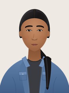 Nathan, an illustrated AI teacher. Long straight black hair in a low ponytail, warm brown skin, dark-brown eyes, clean-shaven, denim button shirt over a charcoal tee.