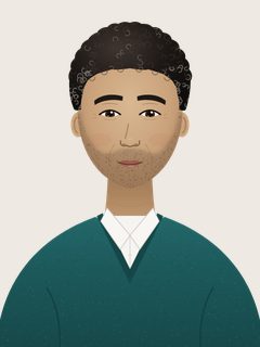 Nick, an illustrated AI teacher. Thick black curly hair touched with grey, olive skin, dark-brown eyes, short dark stubble, dark-teal sweater over a white collared shirt.