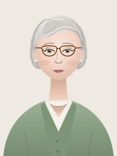 Ruth, an illustrated AI teacher. Soft silver waves tucked behind her ears, tortoiseshell glasses, pearl studs, sage cardigan over an ivory blouse.