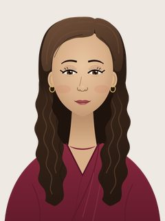 Sophia, an illustrated AI teacher. Long dark-brown waves, light olive skin, brown eyes, burgundy blouse, small gold hoops.
