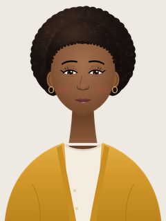 Amara, an illustrated AI teacher. Natural coils in a full rounded afro, deep brown skin, small gold hoops, marigold cardigan over a cream top.