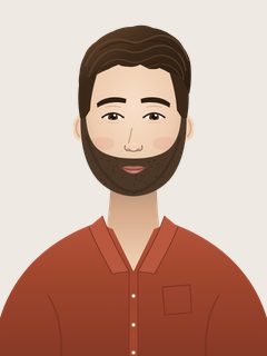 Ben, an illustrated AI teacher. Dark-brown wavy hair, short dark beard, fair skin, brown eyes, brick-red button shirt with an open collar.