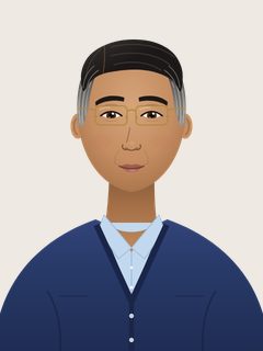 Carlos, an illustrated AI teacher. Short black hair grey at the temples, warm tan skin, brown eyes, thin gold-metal glasses, clean-shaven, navy cardigan over a light-blue shirt.