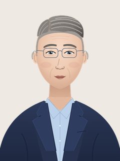 David, an illustrated AI teacher. Salt-and-pepper short hair with a side part, fair skin, clean-shaven, thin silver glasses, small behind-the-ear hearing aids, navy blazer over a light-blue shirt.
