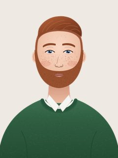 Jack, an illustrated AI teacher. Short reddish-brown hair, fair skin with freckles, short reddish beard, blue eyes, forest-green crewneck sweater over a white collar.
