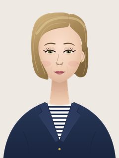 Kate, an illustrated AI teacher. Sleek dark-blonde bob to the jaw, fair skin, hazel eyes, navy blazer over a white-and-navy striped top, small gold studs.