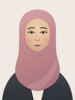 Layla, an illustrated AI teacher. Dusty-rose hijab framing her face, hazel eyes, charcoal blazer over an ivory top.