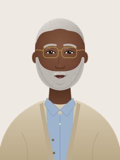 Leon, an illustrated AI teacher. Close-cropped grey hair, full trimmed grey beard, gold wire glasses, oatmeal cardigan over a chambray shirt.