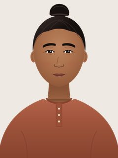 Manu, an illustrated AI teacher. Thick black wavy hair pulled back into a bun, broad warm face, terracotta henley.