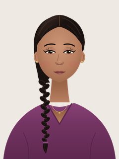 Priya, an illustrated AI teacher. Long dark wavy hair, center-parted, in a side braid over her shoulder, small gold studs, plum blouse.