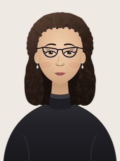 Rachel, an illustrated AI teacher. Shoulder-length dark curly hair, light olive skin, brown eyes, black cat-eye glasses, black turtleneck, silver drop earrings.