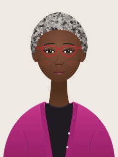 Rosa, an illustrated AI teacher. Short silver-and-black curls, deep brown skin, red-framed glasses, magenta cardigan over a black top.