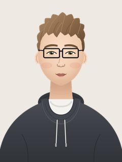 Ryan, an illustrated AI teacher. Messy light-brown hair, fair skin, clean-shaven, black rectangular glasses, charcoal hoodie over a white tee.