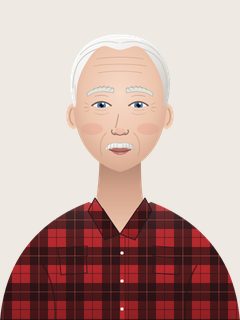 Tom, an illustrated AI teacher. White hair, receding and neatly combed, white mustache, fair weathered skin, blue eyes, red-and-black plaid flannel shirt.