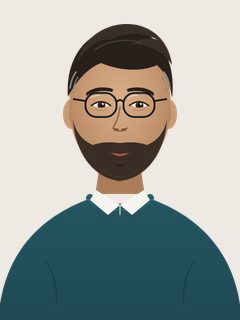 Viki, an illustrated AI teacher. Short dark hair with a touch of grey at the temples, trimmed beard, round black glasses, teal sweater over a white collar.